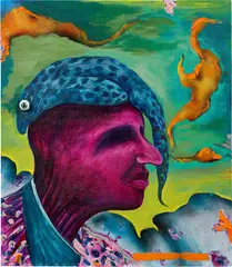 Simphiwe Ndzube, Eel-Head, 2018, acrylic and found plastic eye on canvas