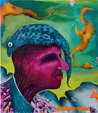 Simphiwe Ndzube, Eel-Head, 2018, acrylic and found plastic eye on canvas