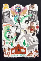 Umar Rashid, Is there heaven for a collaborator/ colonizer? The Ballad of Hernan. (Or, Mission Control)., 2020, acrylic and ink on paper mounted to canvas