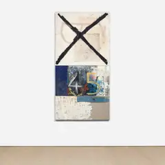Oscar Murillo, definitive 45, 2014, oil, oilstick, found paper collage and string on canvas, in 2 parts