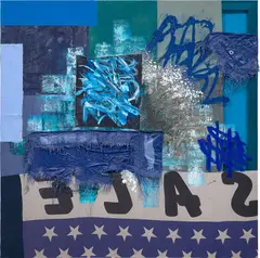 Patrick Alston, Three Fifths, 2020, acrylic, oil, spray paint, stone spray, plastic shower curtain and tarp on sewn canvas, plastic and cotton fabric