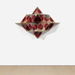 Sanford Biggers, Banneker, 2016, antique quilt and gold leaf on birch plywood