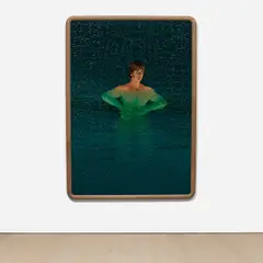 Tyler Hays, Bather 07, 2021, hand-made and hand-painted puzzle, acrylic and milk paint on wood, in artist's frame