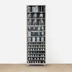 Juan Muñoz, The Crossroads Cabinets: March, 1999, pewter figures, duct tape and resin in steel, Masonite, and glass vitrine