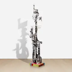 Aaron Curry, Pipe with Man Smoking Spitwad (for RH), 2011, ink, silkscreen and spray paint on wood with painted cardboard and plywood base