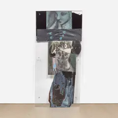 MENTALIST by Rita Ackermann, 2008, Plexiglas, printed paper, acrylic and oil paint, spray paint, self-adhesive paper, plastic, tape and bolts, offered Mar 2022