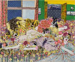 Burrow of the Yellow by Maria Berrio, 2013, mixed media collage on canvas, sold May 2022