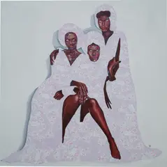 The Three Damsels by Emmanuel Taku, 2021, acrylic and collage on canvas, sold May 2022