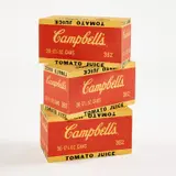 Three works: (i-iii) Campbell's Tomato Juice Box by Andy Warhol, 1964, silkscreen ink and house paint on plywood, sold May 2022