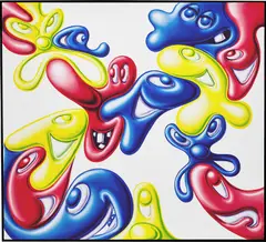 PRIMARYBLOBZ by Kenny Scharf, 2019, oil and acrylic on linen, in artist's powder-coated aluminum frame, sold May 2022