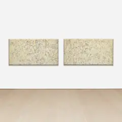 Shimmering Pisces by Sam Gilliam, 1975, acrylic and canvas collage on beveled edge canvas, diptych, offered May 2022