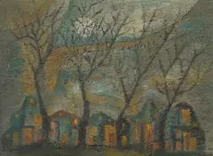 Alice Rahon, Main Street, 1952, oil and sand on wood