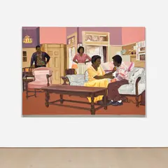 Cornelius Annor, Asempa Aba Fie (Good News in the House), 2021, acrylic and fabric collage on canvas