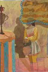 Derek Fordjour, Untitled (Girl with Trophy), 2015, oil on panel