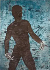 Felipe Baeza, Xipe Tótec Morado, 2017, ink, graphite, acrylic, twine, glitter, cut paper and egg tempera on 2 sheets of adjoined paper