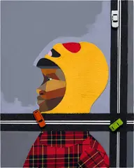 Derrick Adams, Figure in the Urban Landscape 2, 2017, acrylic, graphite, ink, fabric, paper, grip tape and model cars on panel