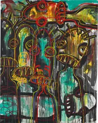 Abidjan Street Kids II by Aboudia, 2015, acrylic, oil pastel and posca on canvas, sold May 2022
