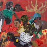 Jonathan Lyndon Chase, 7 Heads on Red Bed, 2016, acrylic, spray paint, glitter, plastic stones, beads, paper and found objects on canvas