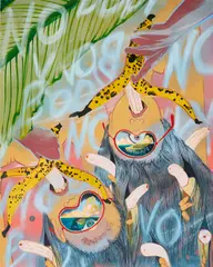 Tammy Nguyen, Upside Down and Eating, 2018, watercolor, vinyl and pastel on paper laid on panel