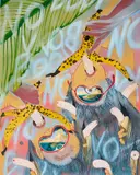 Tammy Nguyen, Upside Down and Eating, 2018, watercolor, vinyl and pastel on paper laid on panel