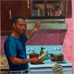 Raelis Vasquez, Seth Cooking, 2020, oil, acrylic, oilstick and sand on canvas