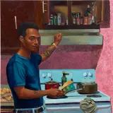 Raelis Vasquez, Seth Cooking, 2020, oil, acrylic, oilstick and sand on canvas