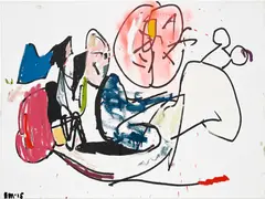 Heroic Dose by Eddie Martinez, 2015, silkscreen ink, oil, enamel and spray paint on canvas, sold Sep 2022