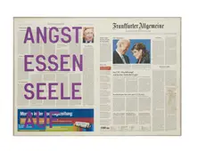 untitled 2010 (angst essen seele auf - october 04, 2008) by Rirkrit Tiravanija, 2010, acrylic, newspaper collage and graphite on canvas, sold Sep 2022