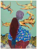 Simphiwe Ndzube, Untitled Portrait VI (The Gravediggers), 2018, synthetic hair, acrylic and spray paint on linen