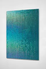 Oliver Laric, Inukshuk Tribal, 2014, tamper evident security hologram stickers and clear coating on acrylic