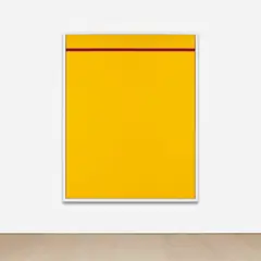 Photoshop CS: 84 by 66 inches, 300 DPI, RGB, square pixels, default gradient "Blue, Red, Yellow", mousedown y=2300 x=8600, mouseup y=2600 x=8600 by Cory Arcangel, 2011, chromogenic print mounted to Diasec, in artist's frame, sold Sep 2022