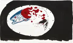 Platter with Trout by Calvin Marcus, 2014, watercolor, wax, vinyl paint, oil crayon and gesso on cardboard, sold Sep 2022