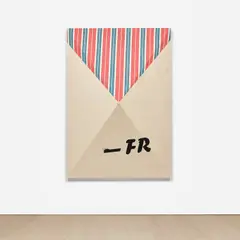 Fredrik Værslev, Untitled (-FR 2), 2014, primer, spray paint, silkscreen, acrylic and white spirit on shaped and stitched canvas, steel construction