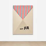 Fredrik Værslev, Untitled (-FR 2), 2014, primer, spray paint, silkscreen, acrylic and white spirit on shaped and stitched canvas, steel construction