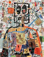 Rashid Johnson, Standing Broken Men, 2020, ceramic tile, mirror tile, branded red oak flooring, spray enamel, oil stick, black soap and wax