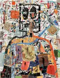 Rashid Johnson, Standing Broken Men, 2020, ceramic tile, mirror tile, branded red oak flooring, spray enamel, oil stick, black soap and wax
