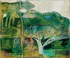 The Blue Light by Romare Bearden, 1973, collage and acrylic on Masonite, offered Nov 2022