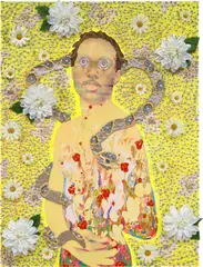 Devan Shimoyama, Anthony, 2017, oil, acrylic, beads, fabric, glitter, silk flowers, sequins, colored pencil and found objects on canvas over panel