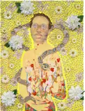 Devan Shimoyama, Anthony, 2017, oil, acrylic, beads, fabric, glitter, silk flowers, sequins, colored pencil and found objects on canvas over panel