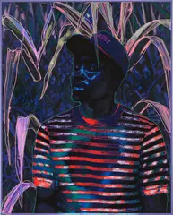 KONDWANI by Amani Lewis, 2021, acrylic, pastel, glitter and digital collage on canvas, sold Nov 2022