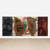 David Salle, Nothing To Do With Flags, 1985, oil and fabric on canvas with wood and found candelabra, in 3 parts