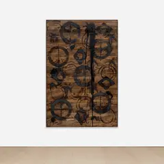 Good Love by Rashid Johnson, 2012, branded red oak flooring, black soap, wax and spray enamel, sold Nov 2022