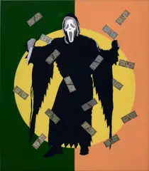 Alex Da Corte, Fun World Black Market, 2014, spray paint, hand dyed United States one-dollar bills, sequin pins, digitally printed Ghostface costume, foam, tape, Plexiglas and anodized metal frame
