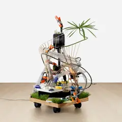 Sarah Sze, Lower Treasury, 2000, mixed media, found objects, DVD player, media player and video projector