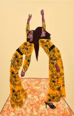 Sisters, Stand Up by Emmanuel Taku, 2021, acrylic and paper collage on canvas, sold Nov 2022