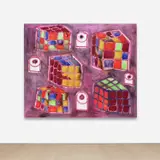 Rubix cubix + toilet paper by Katherine Bernhardt, 2016, acrylic and spray paint on canvas, sold Nov 2022