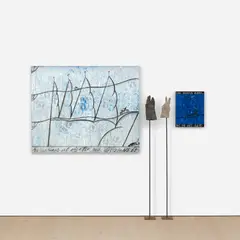 José Bedia Valdés, Homage al objeto no decomisado, 1996, used workman's gloves, suede and cotton on rebar poles and acrylic on canvas, in 4 parts