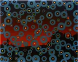Fred Tomaselli, Blue Circles before Blowdown, 1997, pills, acrylic and resin on panel