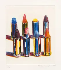 Wayne Thiebaud, Eight Lipsticks, 1988, Drypoint in colors, on Somerset paper, with full margins