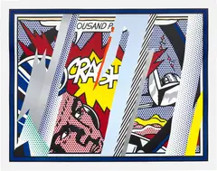 Reflections on Crash, from Reflections series (C. 239) by Roy Lichtenstein, 1990, Monumental lithograph, screenprint, relief and metallized PVC collage with embossing in colors, on Somerset paper, with , sold Apr 2022
